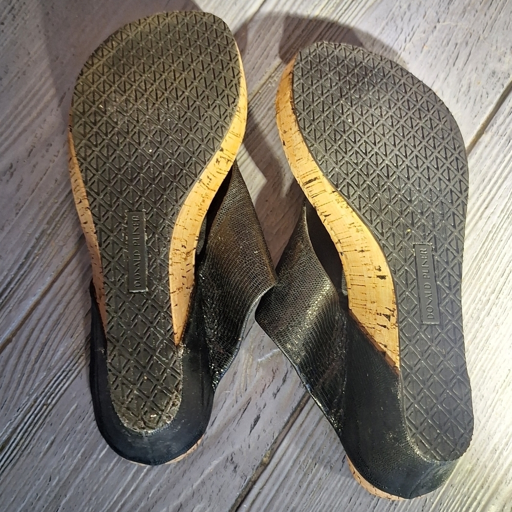 Donald J. Pliner Cork Metallic Black/Tan Leather Upper Malone Wedge Sandals 9 - Picture 10 of 13